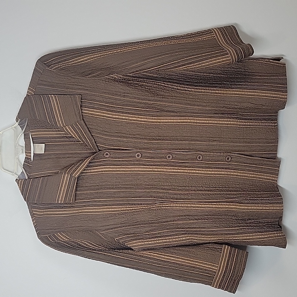 Christopher & Banks Office Granny Brown Stripe gauze Button down shirt